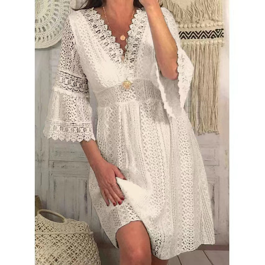 european and american  spring new arrivals: european and american export v-neck hollow-out lace flared sleeve dress