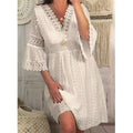 european and american  spring new arrivals: european and american export v-neck hollow-out lace flared sleeve dress