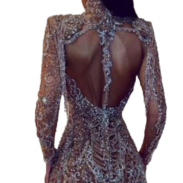 2025 summer new european and american fashion women's sequin dress - long sleeve, backless, slim-fit, sexy mini dress/gown