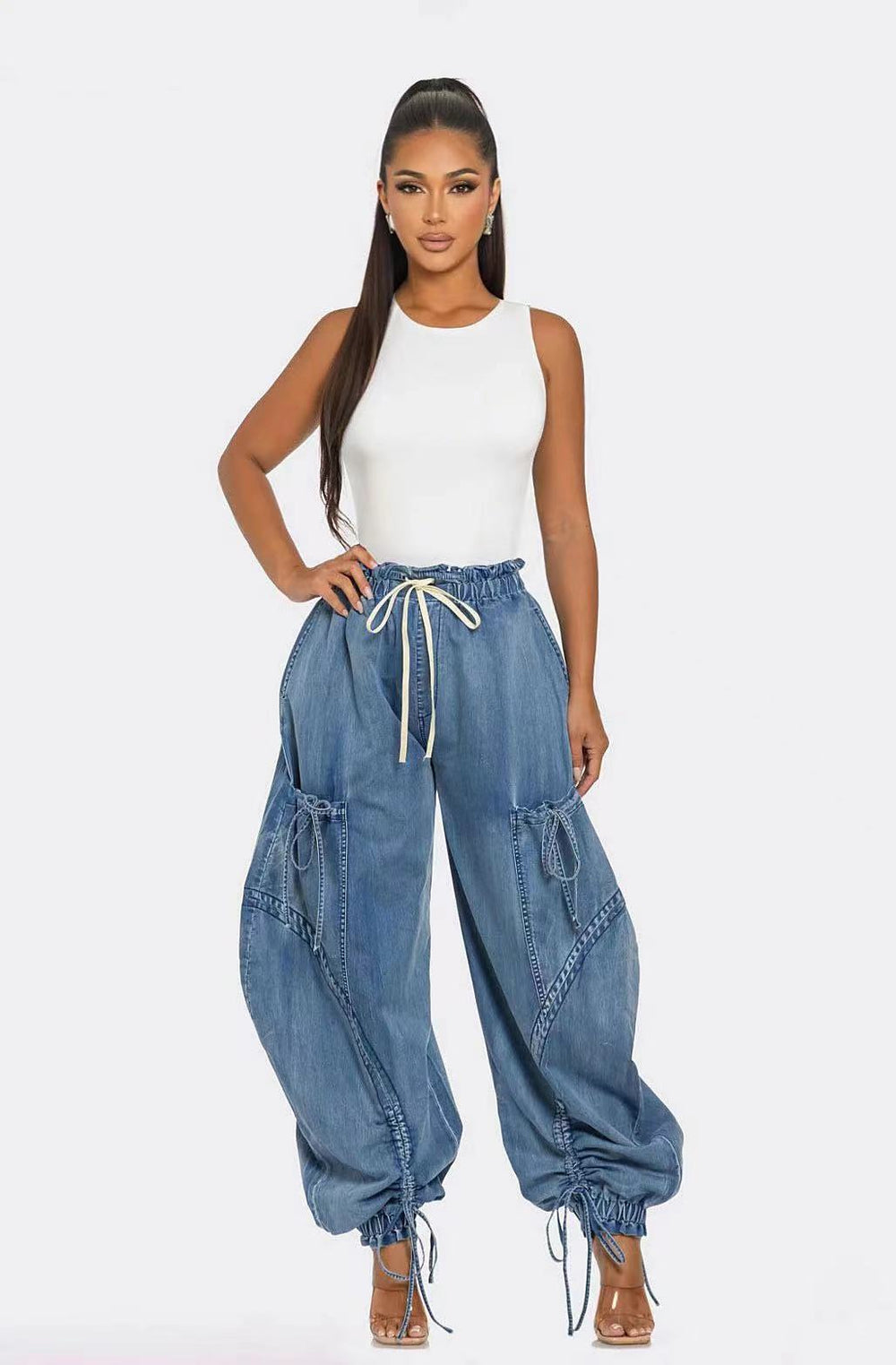 European and american style loose jeans  cross-border women's clothing street casual shirringtie back elastic waist harem pants