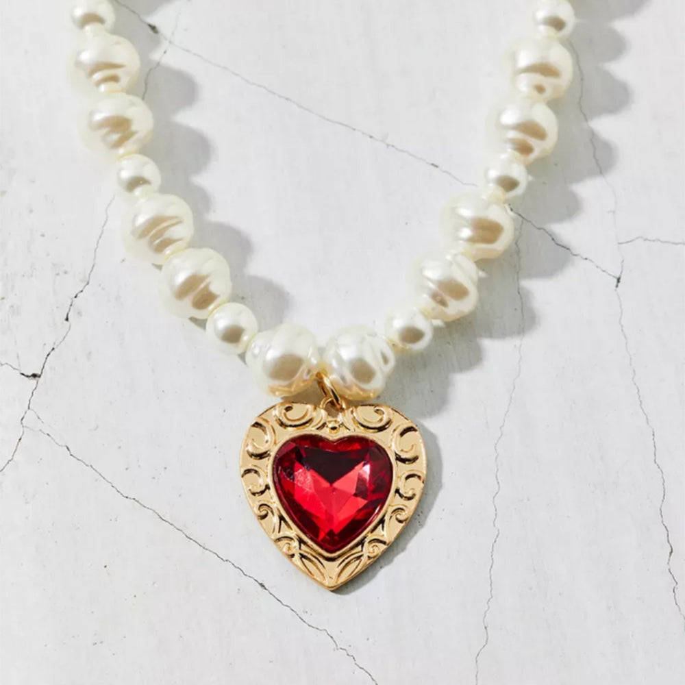 Baroque pearl necklace wholesale - cross-border vintage french chic luxury pendant - faux ruby heart necklace