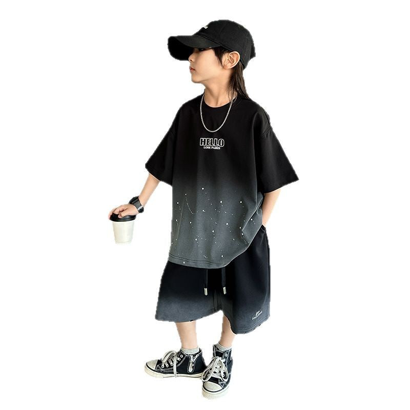 Boys'  summer starry sky casual short-sleeve t-shirt and shorts set - loose fit, round neck, trendy star pattern top