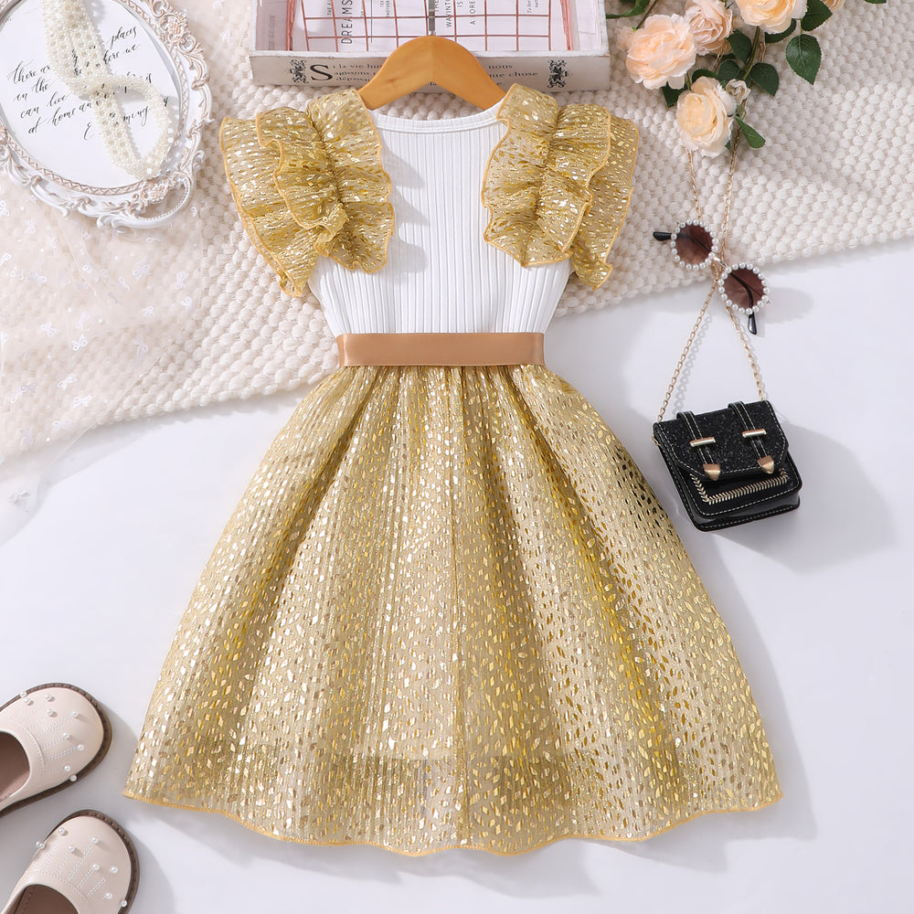 Girls' dress for toddlers and young children, ruffle sleeve ribbed knit cutout patchwork dress