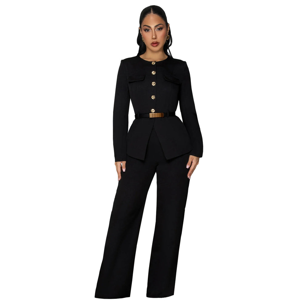 C7605 cross-border   fashion women's high-end gold buckle commuter professional suit set