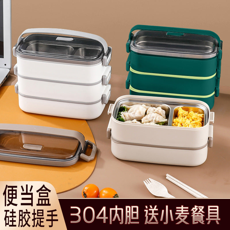 304 stainless steel double-layer lunch box Office workers can microwave oven heating and insulation Japanese-style divided lunch box multi-layer lunch box