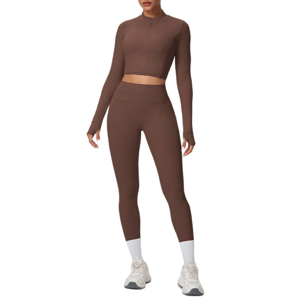 Ready-to-ship cross-border solid color brushed micro-fleece short jacket & leggings set - tight fit, pocketed, perfect for running, fitness, and yoga
