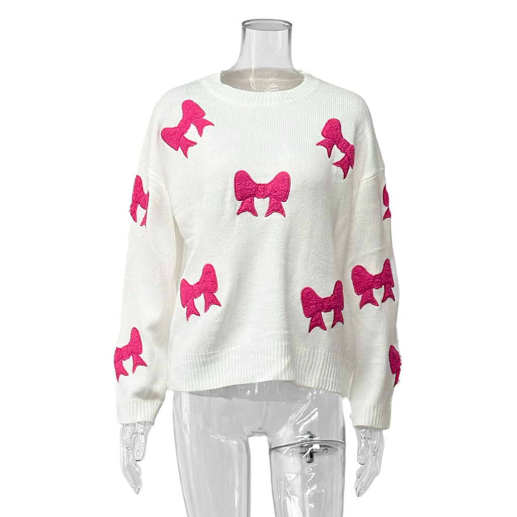 European and American  sweet wind pink bow crew neck pullover loose casual knitted sweater autumn and winter women's clothing