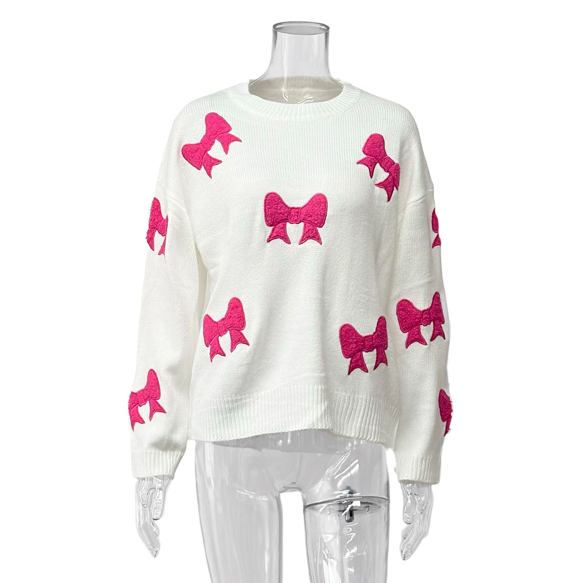 European and American  sweet wind pink bow crew neck pullover loose casual knitted sweater autumn and winter women's clothing