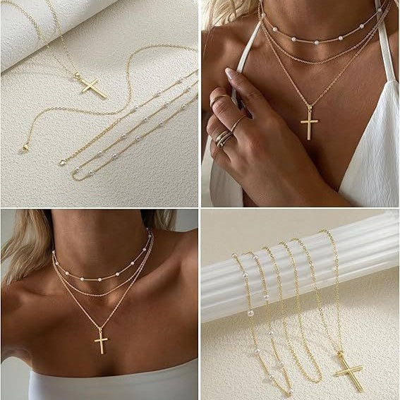 European and american cross-border new artificial pearl clavicle chain creative cross pendant necklace retro multi-layered necklace