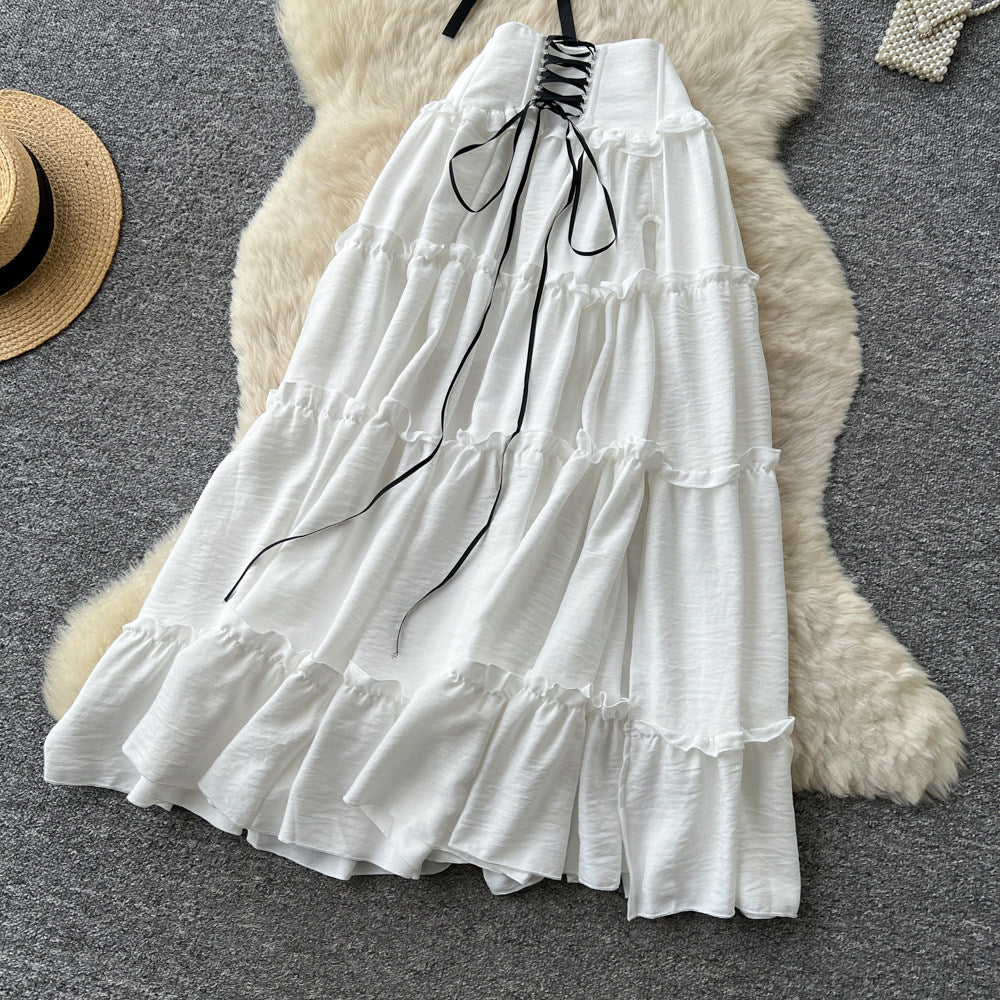 French sweet style off-the-shoulder puff sleeve top with tie-waist high-waisted tiered skirt slimming two-piece set - new summer collection for women