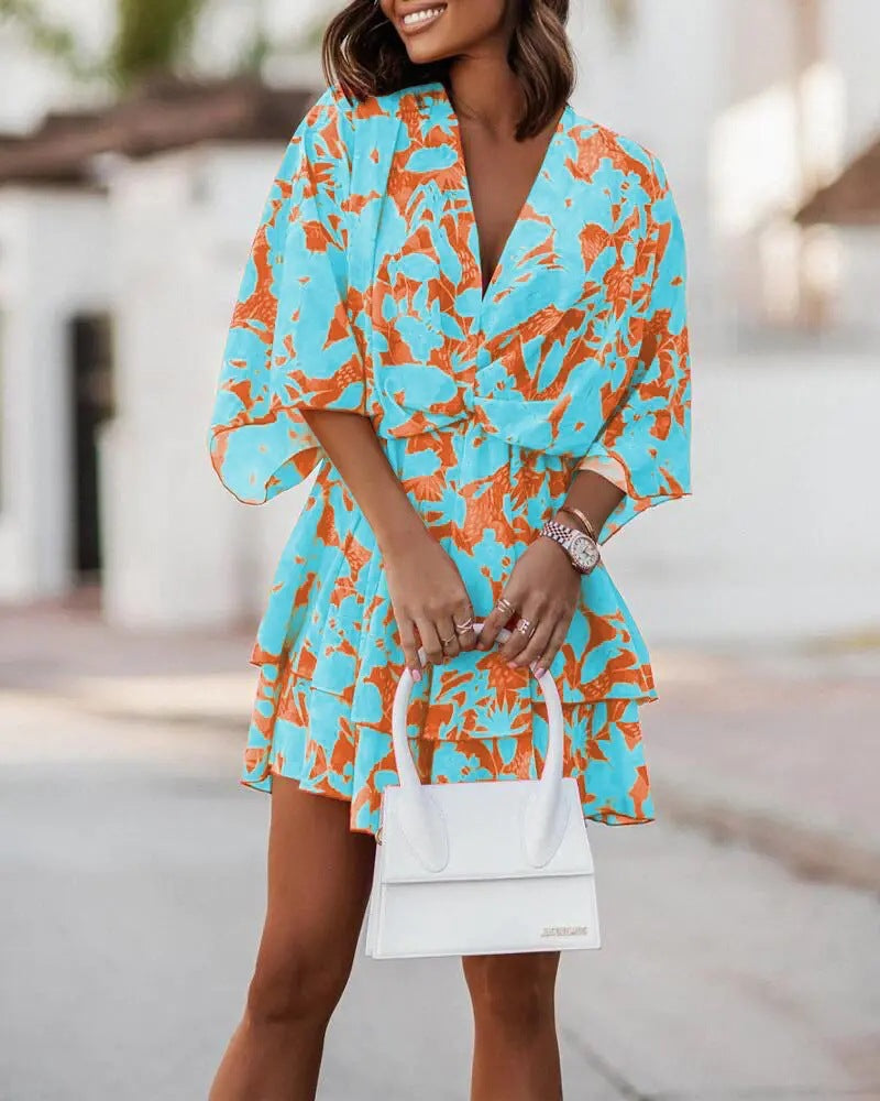 2023 new autumn v-neck loose batwing sleeve printed dress for women - perfect for independent stores, wish, and amazon