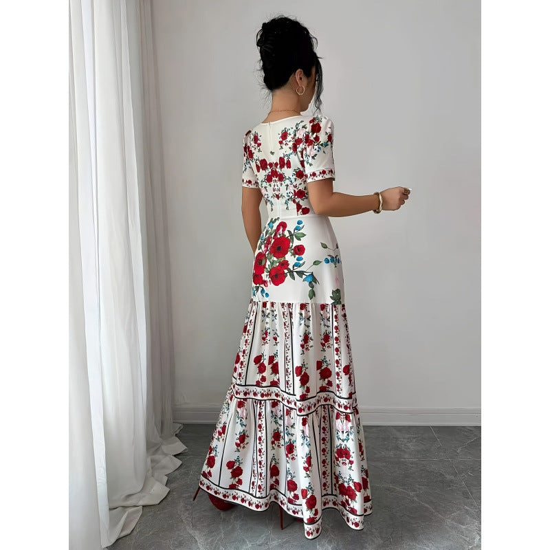Women's summer new french chic romantic floral print square neck short sleeve cinched waist a-line maxi dress