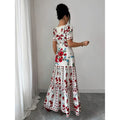 Women's summer new french chic romantic floral print square neck short sleeve cinched waist a-line maxi dress