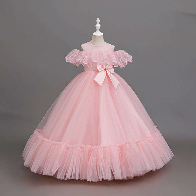 girls' off-the-shoulder lace patchwork long mesh princess dress - ready stock wholesale flower girl dress