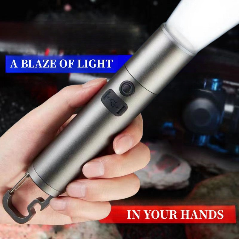 Cross-border new LED strong light zoom searchlight multi-function, outdoor lighting hook bottle opener charging flashlight