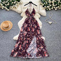 French holiday style v neckhalter floral dress women's summer beaded asymmetrical waist slimming lookruffles long skirt