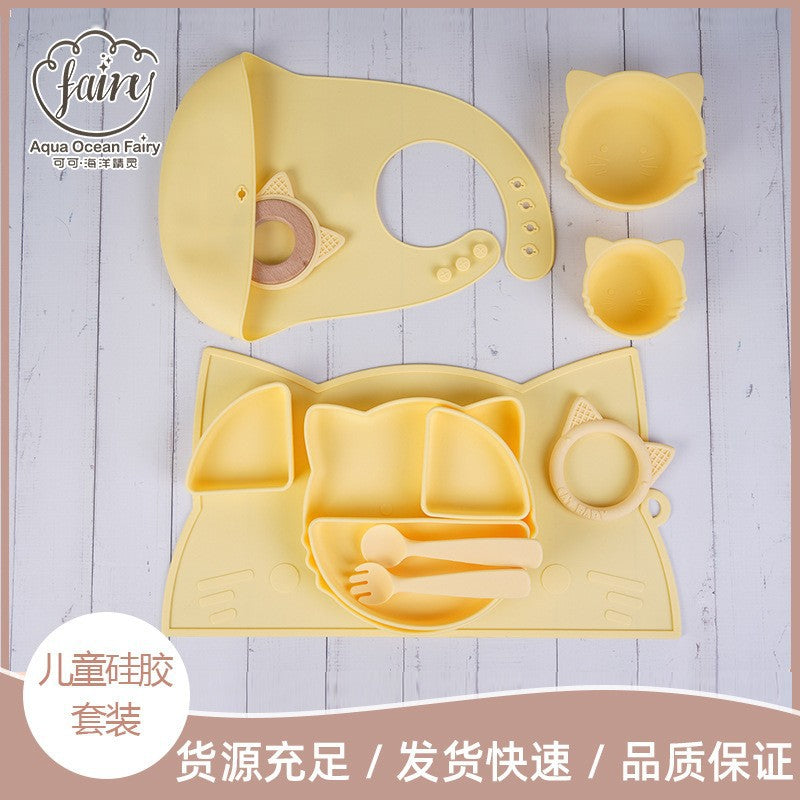 Cartoon kitten silicone fork and spoon dinner plate, baby food grade silicone feeding tableware, non-slip and anti-dirty tableware set
