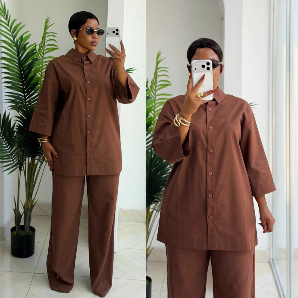 European and american cross-border women's clothing  summer new fashion african plus size loose solid color shirt wide leg pants set