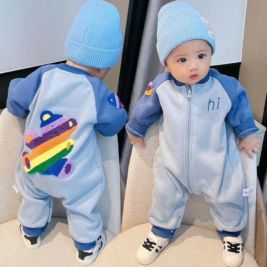 Infant and toddler fleece-lined warm rompers: adorable cartoon designs for baby boys and girls - perfect for autumn and winter outdoor wear