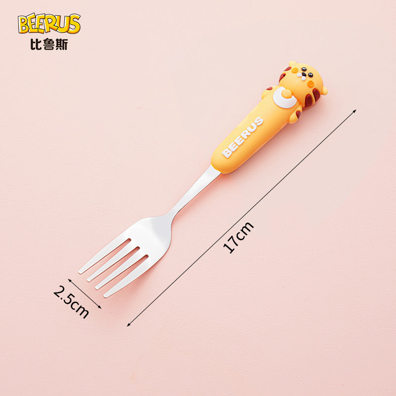 High-quality, adorable cartoon children's cutlery set featuring a cute bear design. includes a fork, spoon, and is perfect for school lunches. made of durable silicone, these portable forks and spoons are available for wholesale