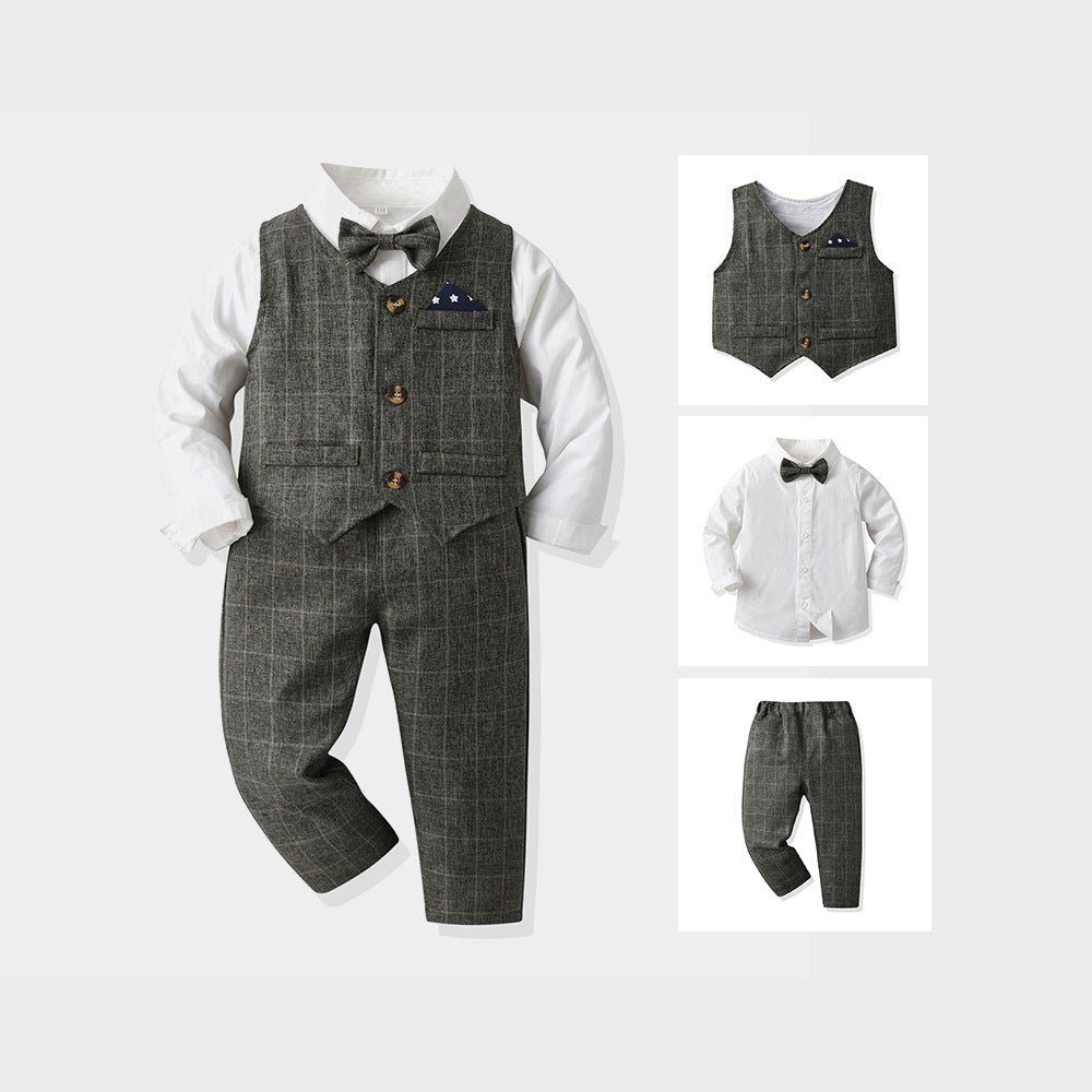 Wholesale branded children's clothing: spring/autumn boys' gentleman's suit, shirt, and vest three-piece set – stylish and fashionable for boys