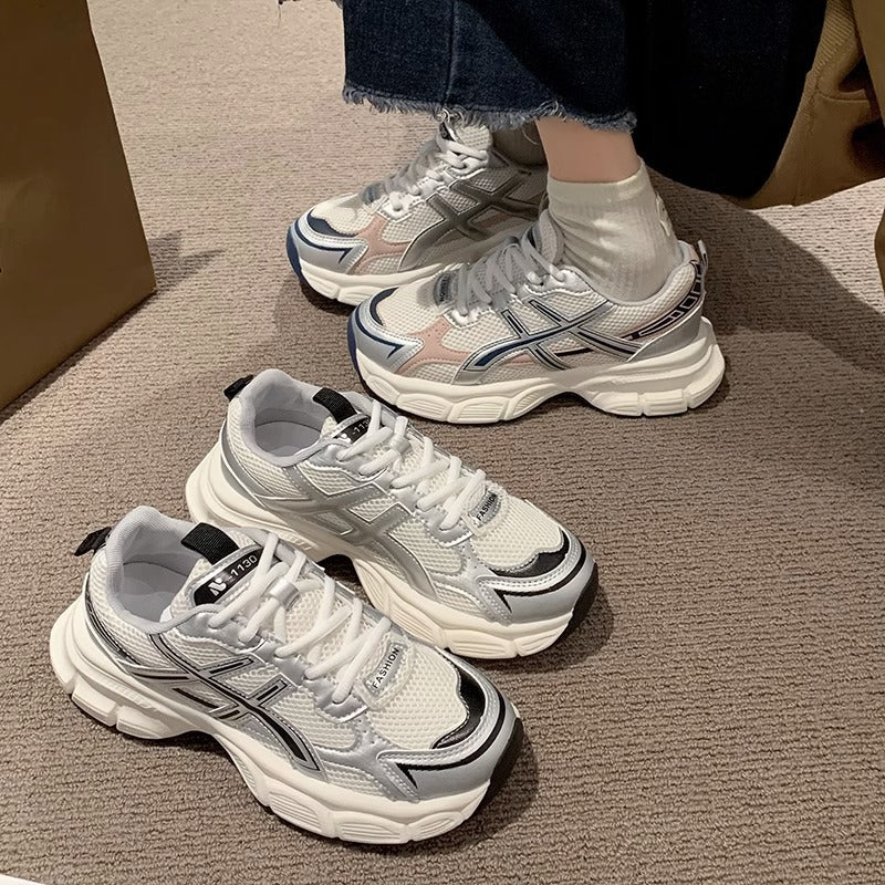 Chunky platform sneakers for women, 2026 new spring/summer collection, breathable mesh, student running shoes, trendy street style, lightweight casual athletic shoes