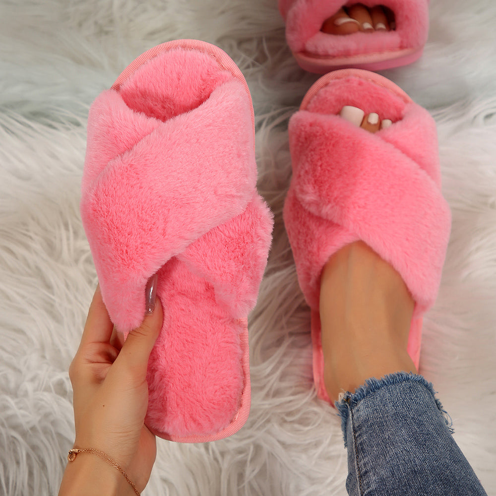 Crossed fur slippers for women 2024fall and winternew arrivalk-stylefashionslimming look one-piece cotton slippers trendyflats slippers for women