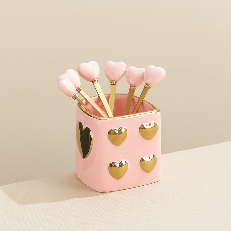 Luxury nordic-style heart-shaped ceramic utensil holder with stainless steel fruit tea spoons – perfect for afternoon tea and dessert forks
