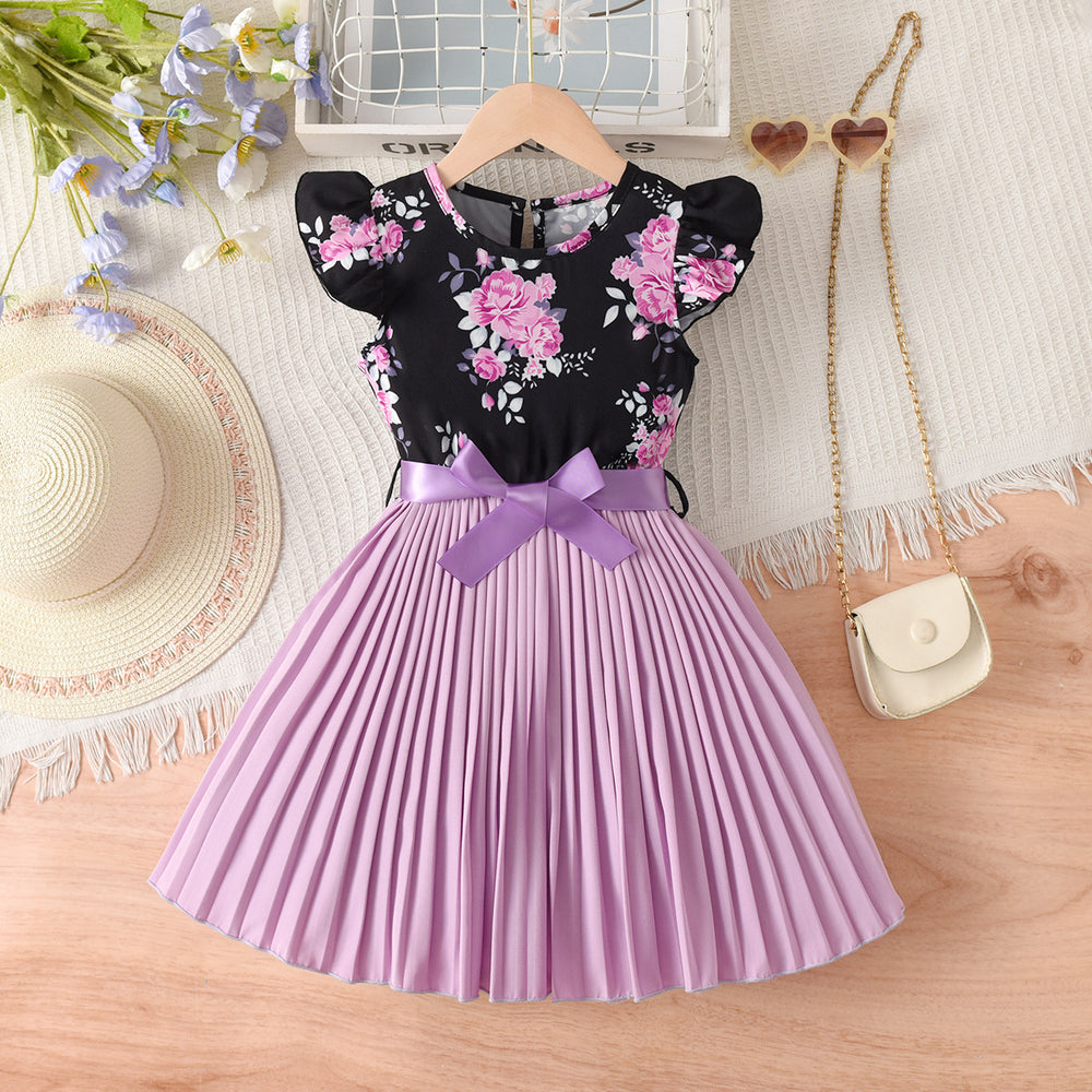 girls' dress: purple pleated skirt with black flutter sleeve top, floral print spring/summer dress