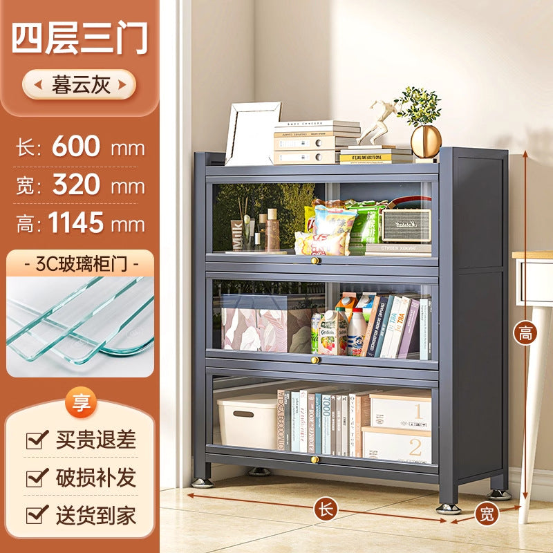 Steel bookcase glass door bookshelf for home living room storage cabinet floor-standing dust-proof figure display cabinet iron storage rack