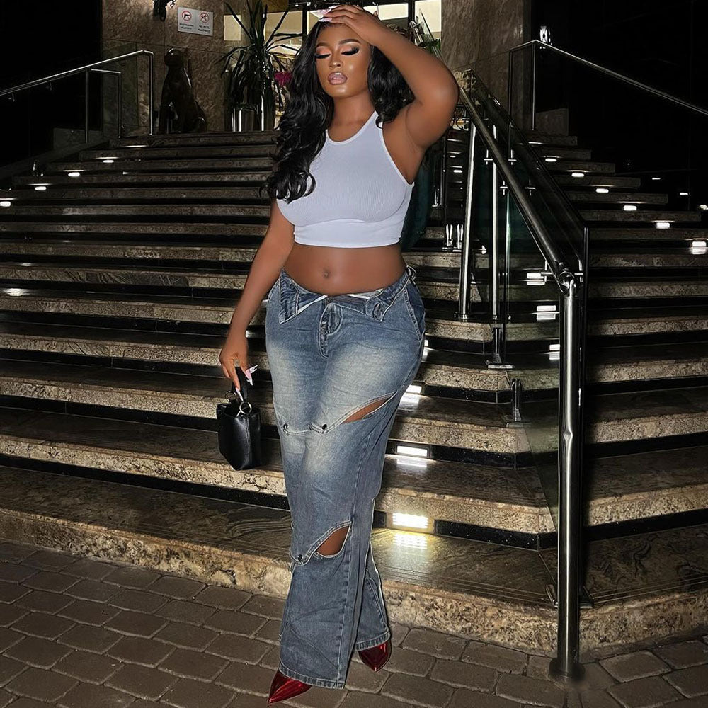 European and american casual women's jeans -  cross-border women's fashion street style washed button closure high-waisted pants