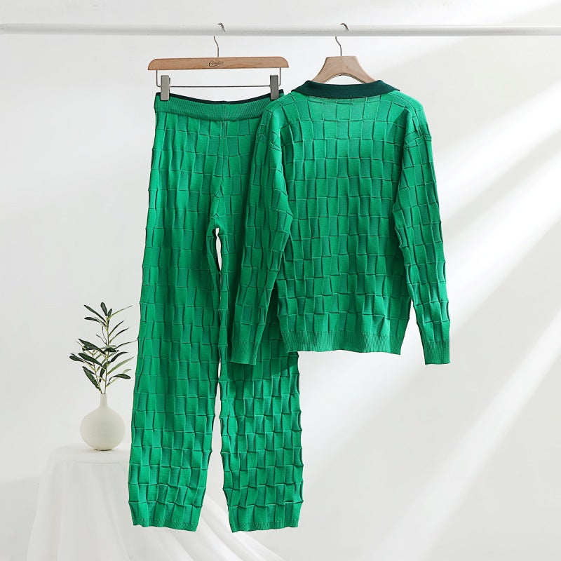 Trendy knit set:  autumn new korean style half-open collar pullover knit top & casual pants two-piece set