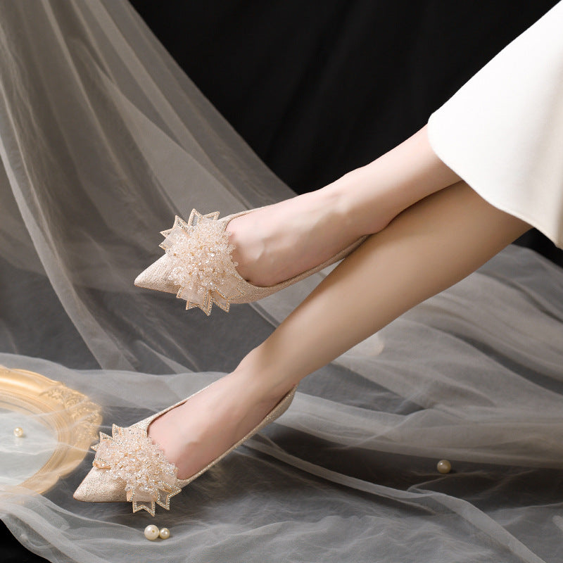 Wine glass and high heels women's 2025 spring new arrival wedding shoes engagement bridal wedding shoes stiletto heel french dinner shoes flats