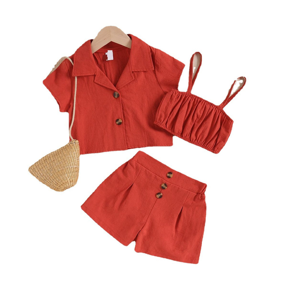 new arrival children's clothing fashion short-sleeved three-piece set washed cotton sling chest wrap lapel short-sleeved shortssuit