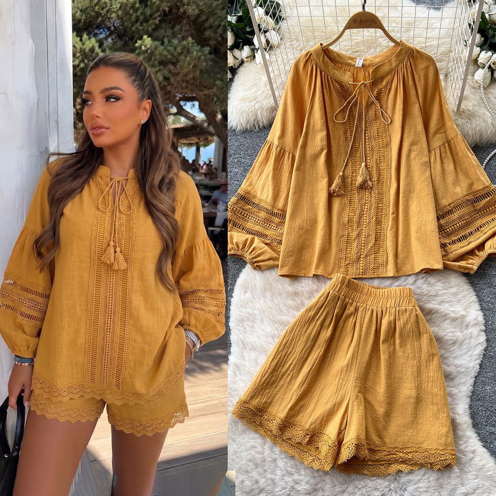 Gentle wind yellow cut outlacetwo-piece set female autumtie back lantern sleeve topssuit relaxed sense outfit