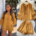 Gentle wind yellow cut outlacetwo-piece set female autumtie back lantern sleeve topssuit relaxed sense outfit