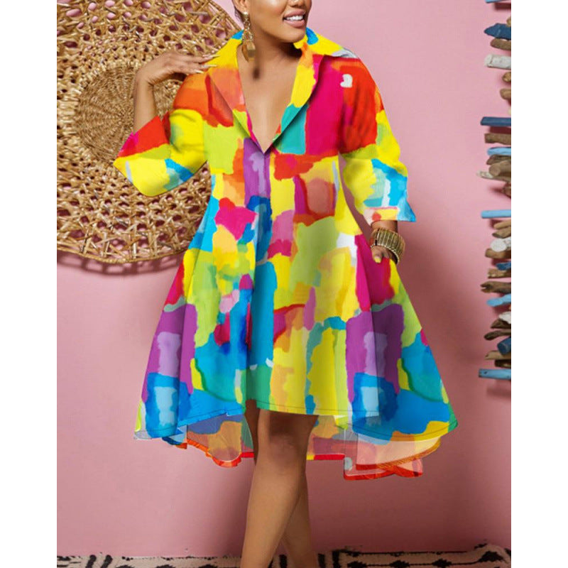 Fashion cross-border independent station  new arrival shirt collar loosefashionprintingdress for women