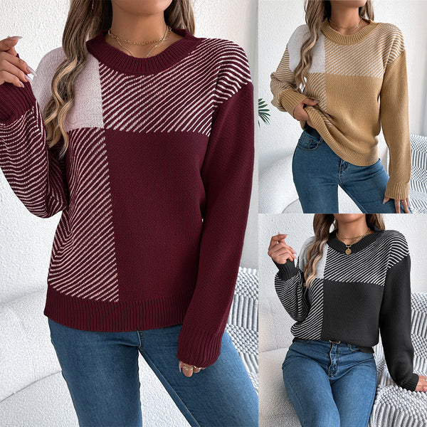 Real shot 2025 autumn and winter European and American casual color contrasting plaid long-sleeved pullover sweater,   women's clothing