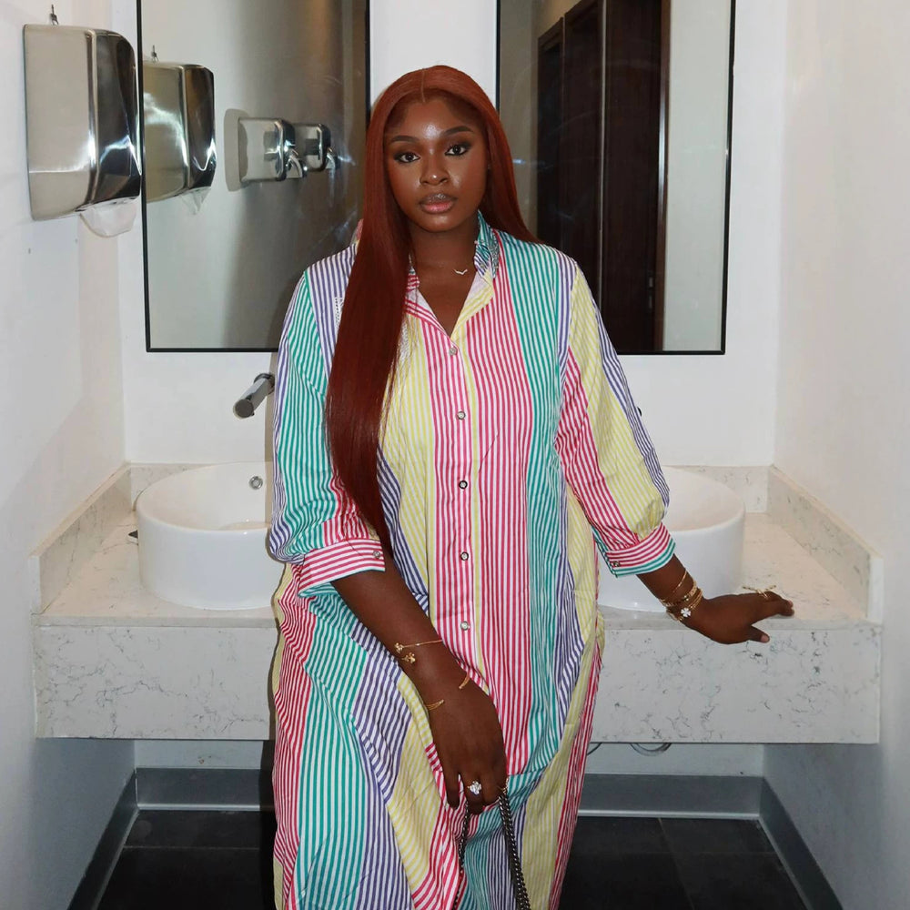 European and american cross-border african women's clothing  summer new fashion turn-down collar striped loose longline shirt dress