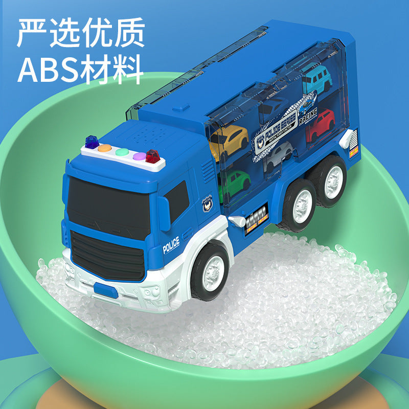 Boys' transforming storage double-decker container truck 2-in-1 track car building with lights, music, educational electric toy