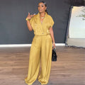 European and american women's clothing  autumn new collection: sweet and fresh blazer collar short sleeve shirt & high-waisted straight-leg pants two-piece set