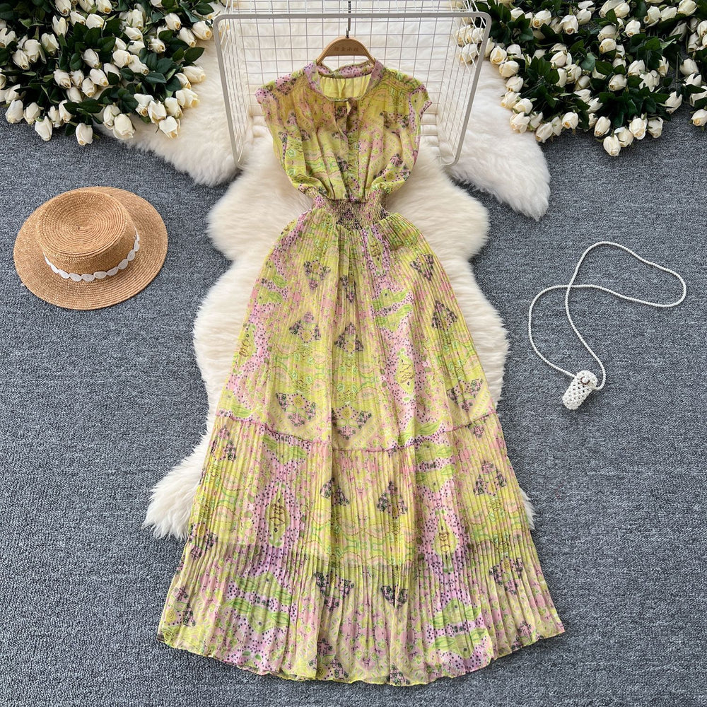 Frenchretroelegancedress women's classy stand collar sleeveless waist slimming look a-line floral pleated chiffon skirt