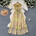 Frenchretroelegancedress women's classy stand collar sleeveless waist slimming look a-line floral pleated chiffon skirt