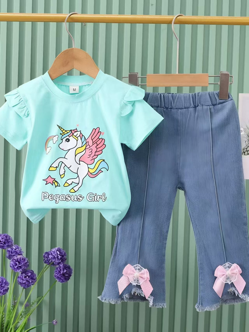 Factory direct: new girls' summer two-piece set - korean style unicorn short sleeve top + bowknot flare pants