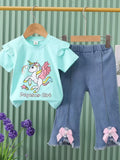 Factory direct: new girls' summer two-piece set - korean style unicorn short sleeve top + bowknot flare pants