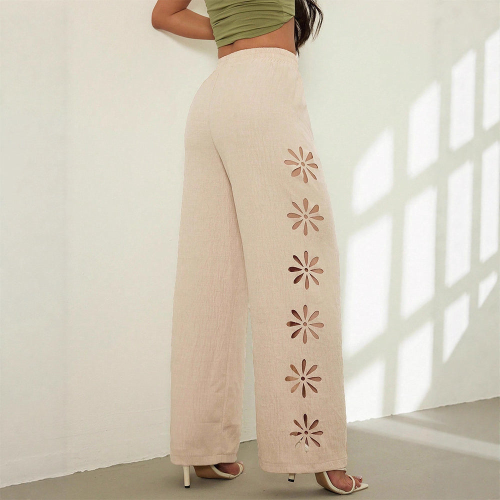 new european and american cross-border fashion high-waisted casual hollow-out solid color pants
