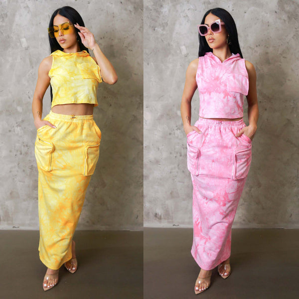 S10766 European, American, sexy, loose print hooded tooling pocket sleeveless vest split skirt set