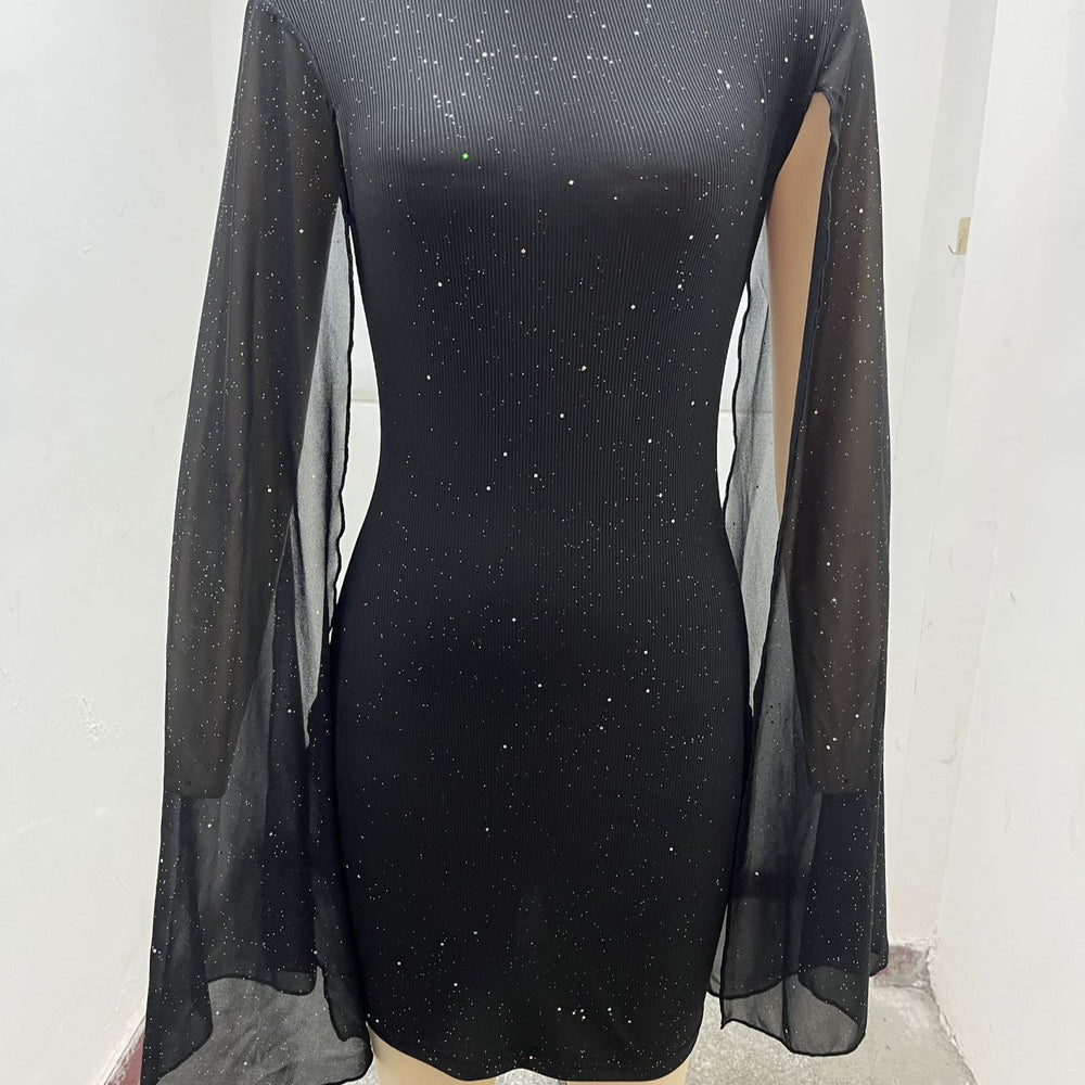 cross-border fashion: european & american style -  &  - ribbed pearl chiffon cape dress with bodycon fit