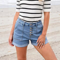 e-commerce  american style buttoned high waist cuffed denim shorts women's silmslimming look hip-covering hot pants standard code