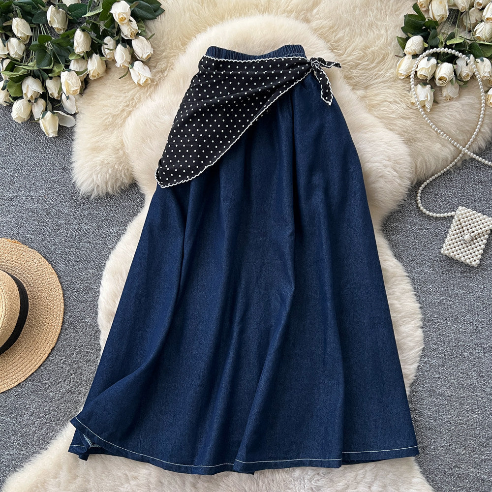 K-style light mature style polka dot silk scarf a-line skirt women's summercasualslimming look denim patchwork mid-length skirt work clothing